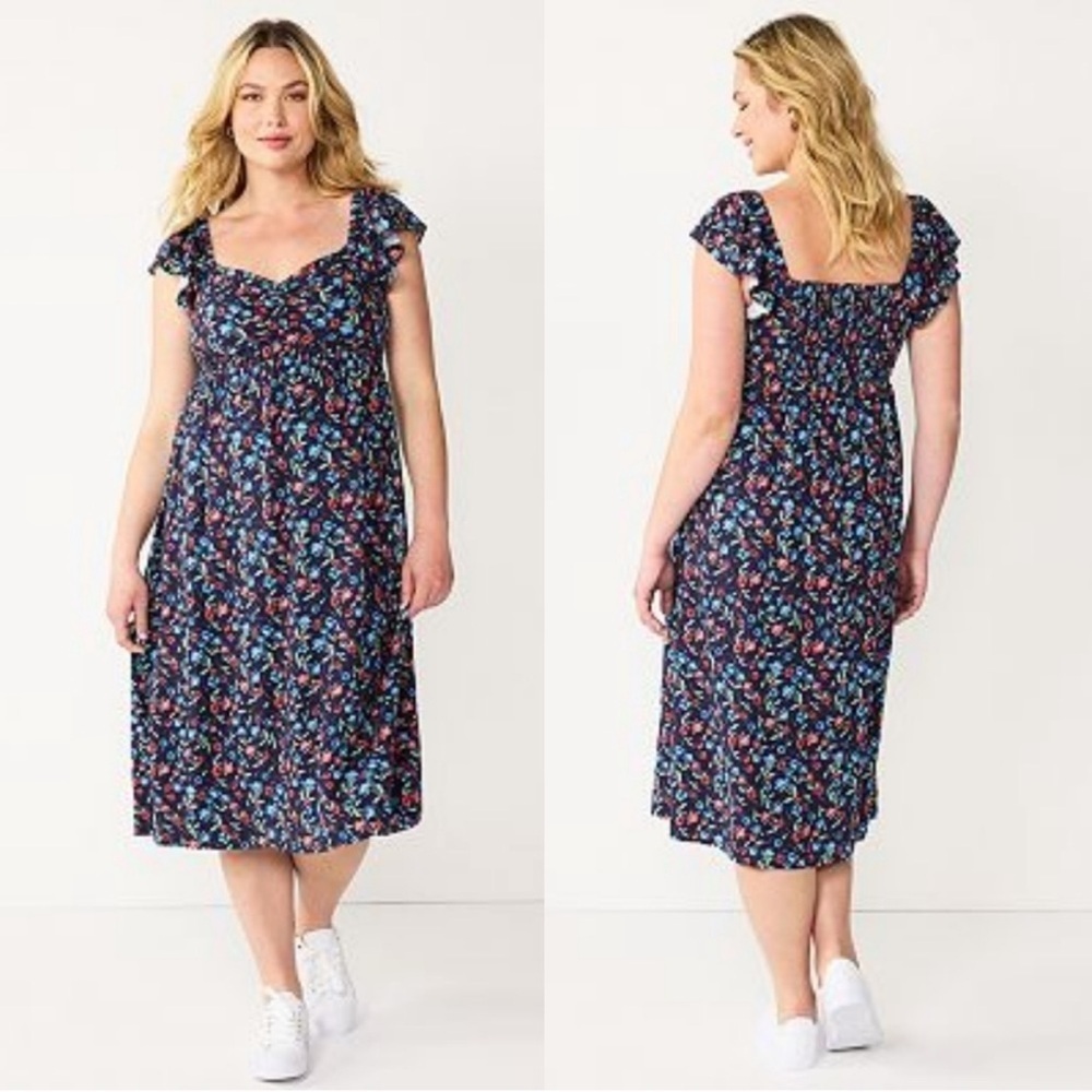 Draper James Navy Blue Ditsy Floral Sleeveless Flutter Midi Dress Size Large